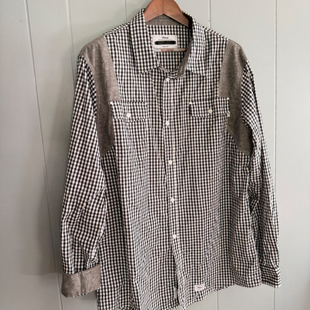 Orisue Gingham Linen Button Down Shirt Black White Contrast Panel XXL Streetwear